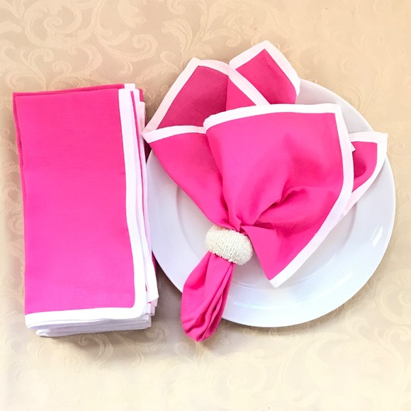 ISAAC MIZRAHI Cotton Linens Napkins Pink and White 20” X 20” Set of 8 NWT - Picture 2 of 10